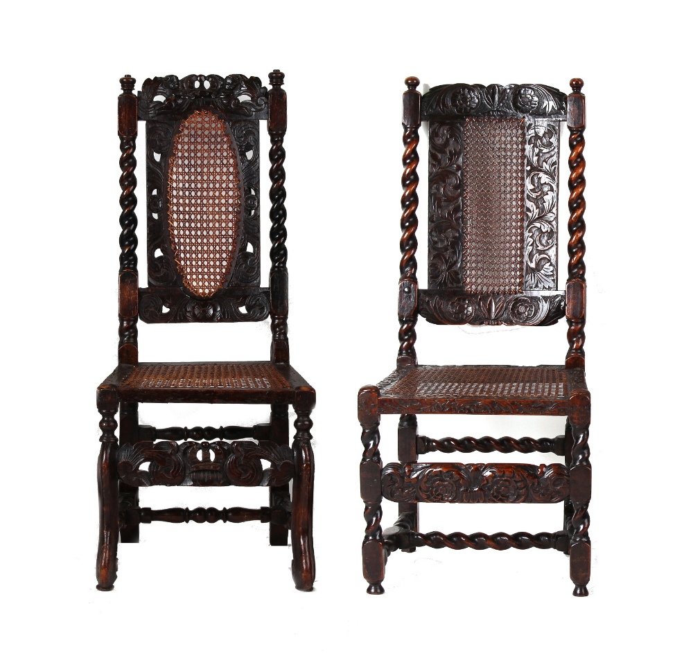 Property of a lady - two similar late 17th century carved walnut & cane panelled high-back chairs (