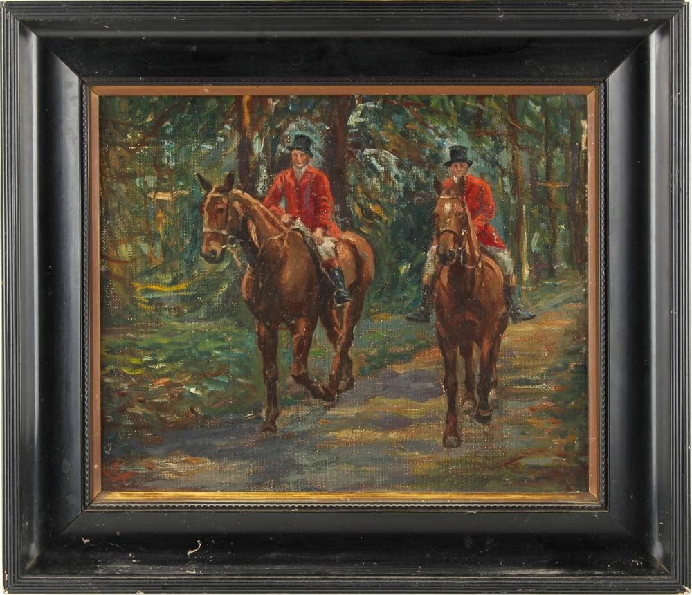 Property of a gentleman - Geoffrey Mortimer (1895-1986) - TWO HUNTSMEN ON WOODLAND TRACK - oil on