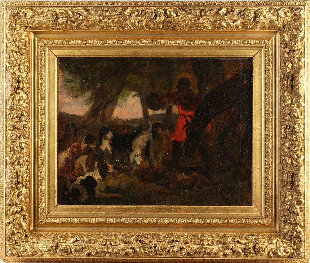 19th century - HUNTING SCENE - oil on canvas, re-lined, 12.2 by 15.95ins. (31 by 40.5cms.), in heavy