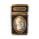 An early 19th century gold & tortoiseshell pique work etui case, inset with an oval miniature