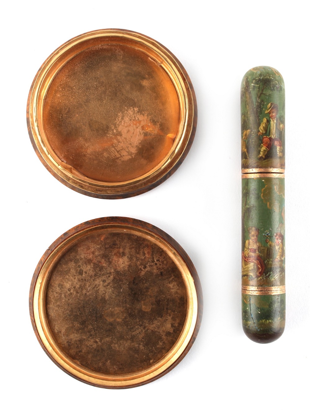 Property of a lady - a late 18th century French gold mounted bodkin case painted with children in - Image 3 of 4