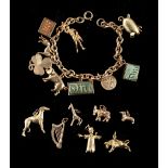 Property of a deceased estate - a 9ct gold charm bracelet with sixteen charms, some detached, one