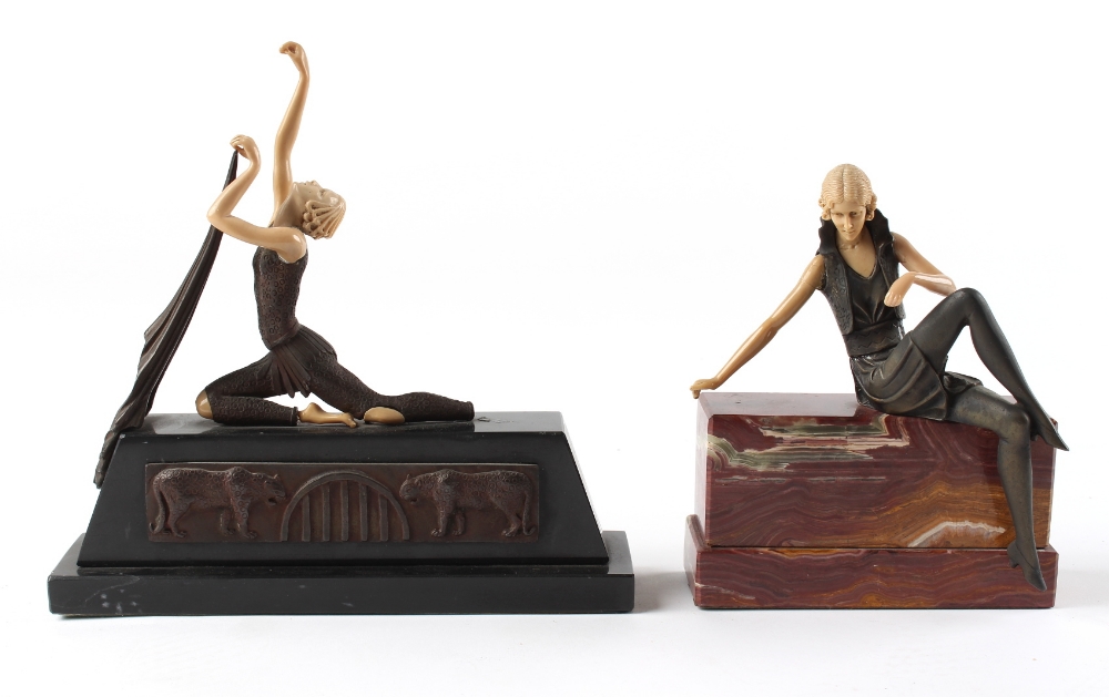 Property of a gentleman - two Art Deco style figurines, on marble bases (2) (see illustration).