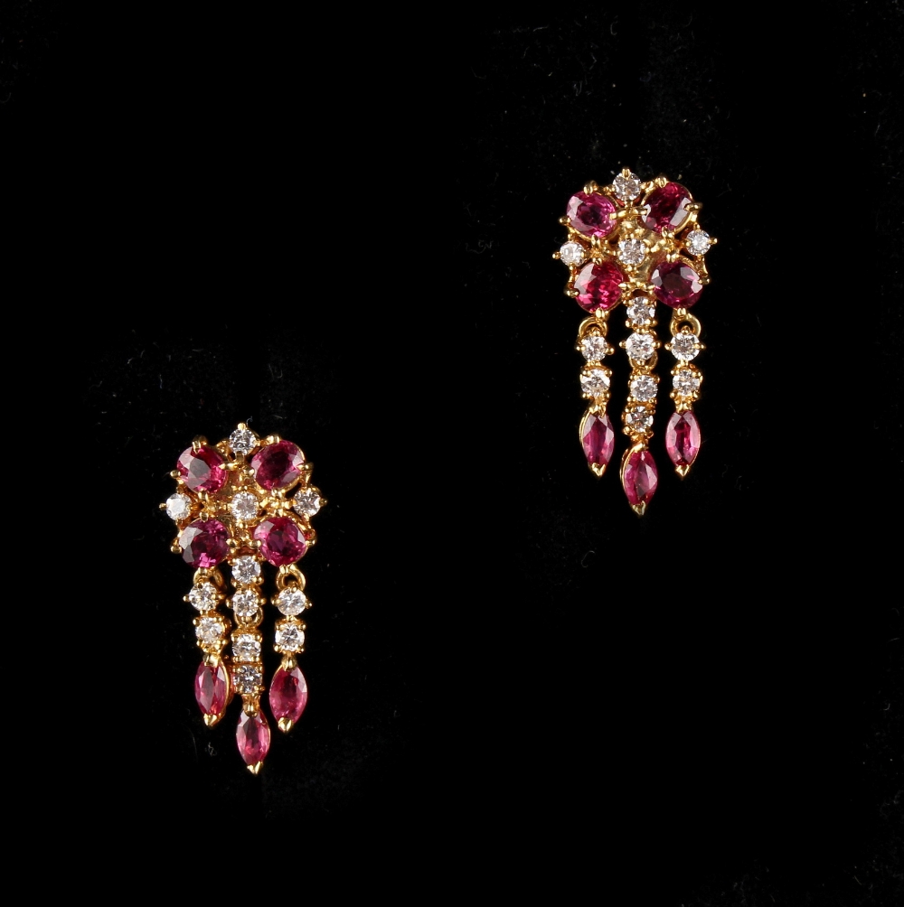 A pair of 18ct yellow gold ruby & diamond cluster & tassel earrings, each with a cluster of four
