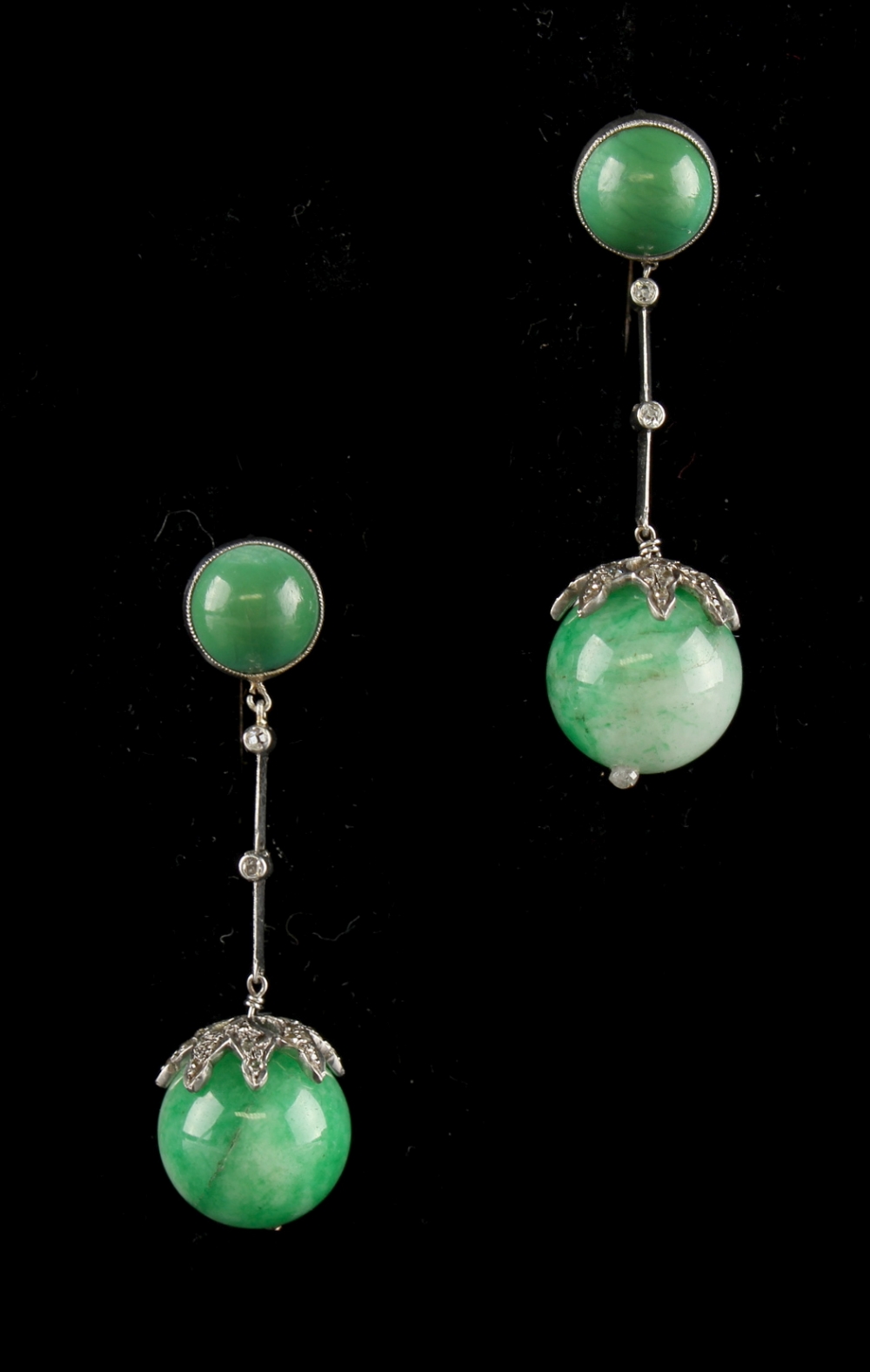 A pair of Chinese jadeite & diamond articulated pendant drop earrings, for pierced ears, the jadeite