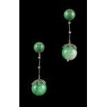 A pair of Chinese jadeite & diamond articulated pendant drop earrings, for pierced ears, the jadeite