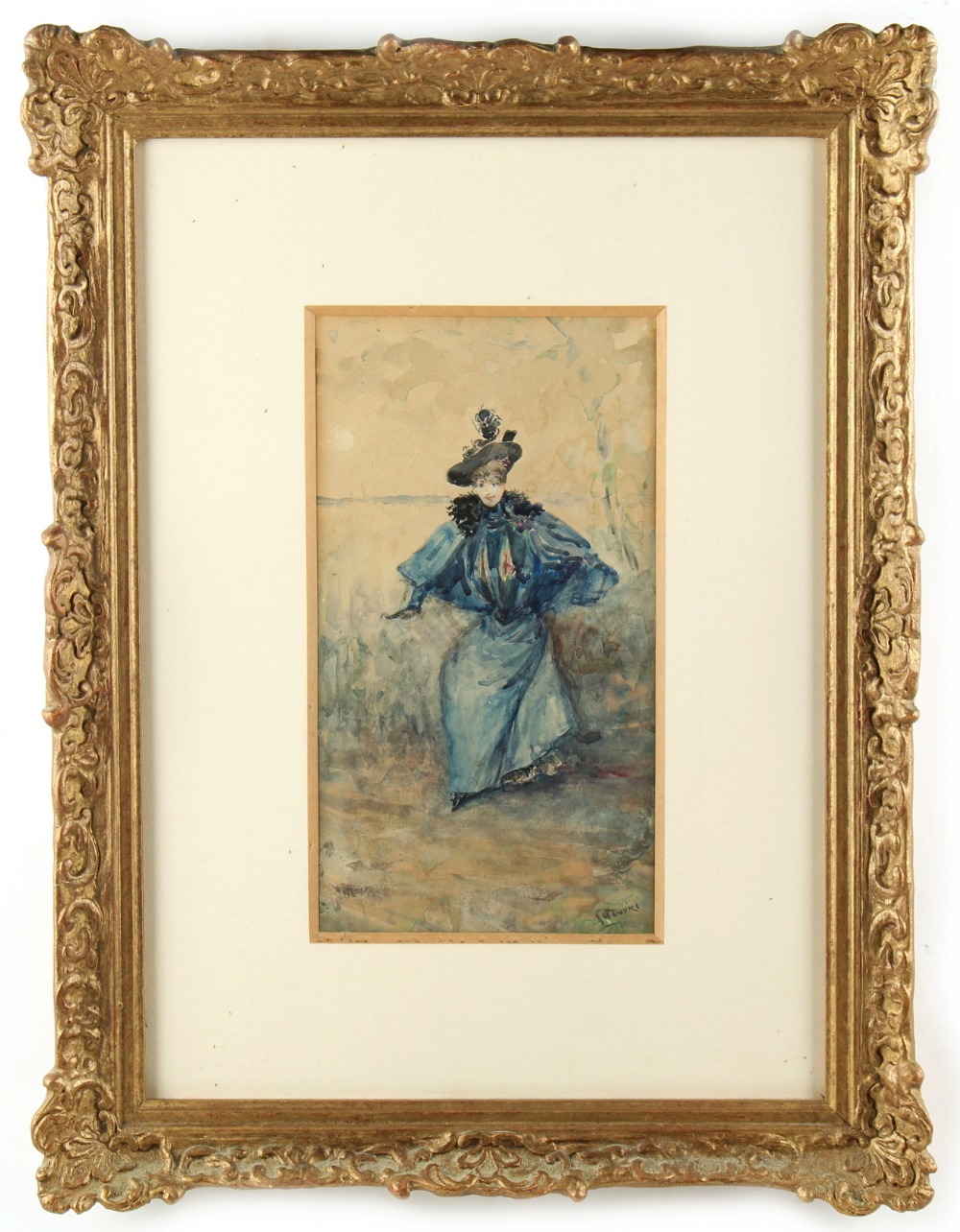 Property of a gentleman - Albert Ludovici Jnr (1852-1932) - LADY IN BLUE DRESS - watercolour, 9.85