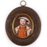 A late 19th / early 20th century portrait miniature on enamel depicting Henry VIII, in worn plush