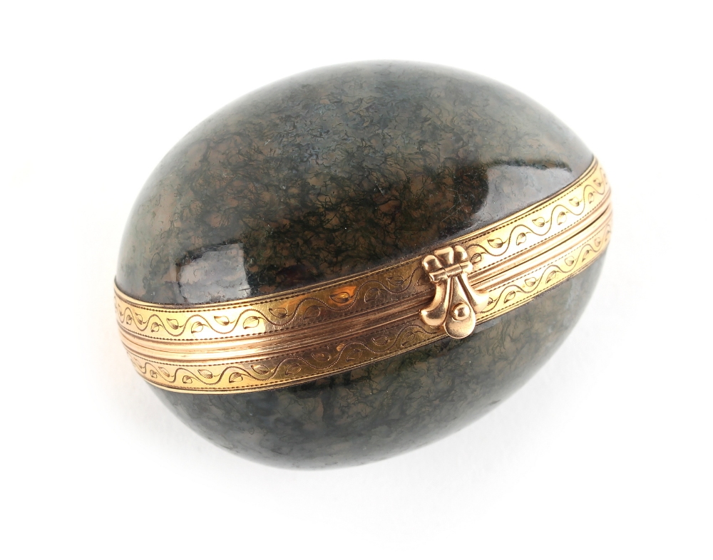 Property of a lady - a Russian gold mounted moss agate egg, probably by Faberge, workmaster's mark - Image 3 of 3