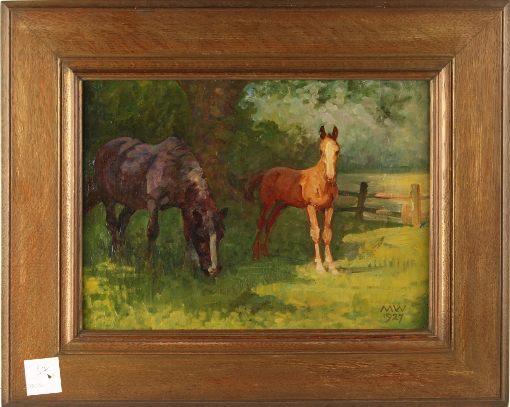 Property of a gentleman - Mildred White (early 20th century British) - 'MARE & FOAL' - oil on board,