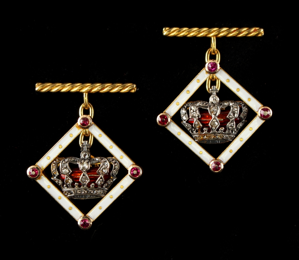 A good pair of ruby diamond & enamel cufflinks, each centred by a red enamel & diamond set coronet