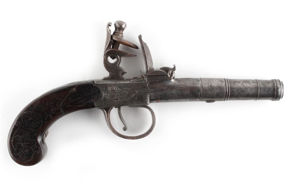 Property of a lady - a late 18th century George III English flint-lock pistol, with turn-off barrel,