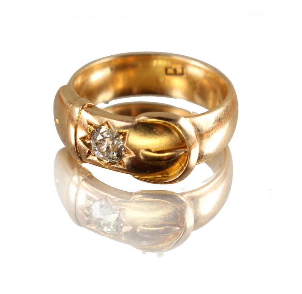 A heavy 18ct gold buckle ring set with an Old European cut diamond weighing approximately 0.44 - Image 2 of 2