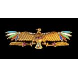 A late 19th century French Egyptian Revival 14ct yellow gold ruby diamond & polychrome enamel brooch