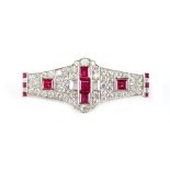 An Art Deco style ruby & diamond brooch, with eleven square cut certificated Burmese untreated