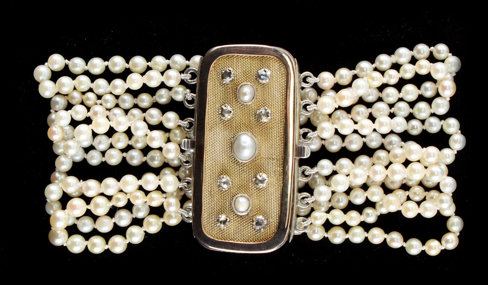 A pearl six row bracelet, the pearls approximately 4.3mm diameter, the yellow gold & silver clasp - Image 2 of 2