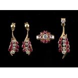 Property of a lady - a Dutch unmarked yellow gold (tests 14-18ct) ruby & diamond suite or demi