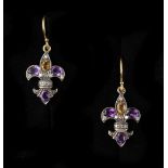 A pair of 14ct yellow gold amethyst citrine & diamond set fleur de Lys shaped earrings, for