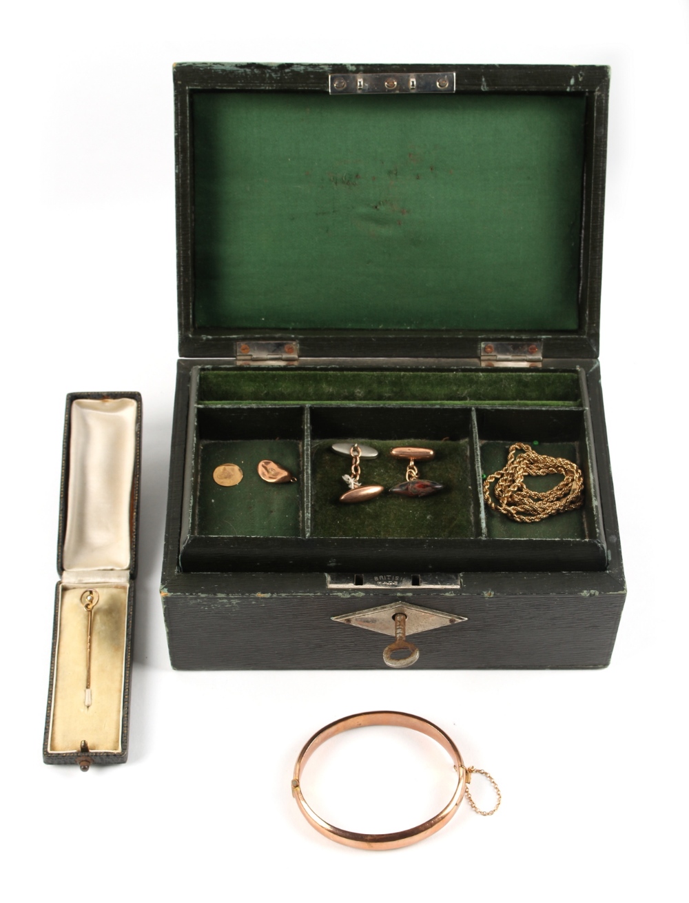 Property of a lady - a green leather jewellery box containing assorted jewellery including a 9ct