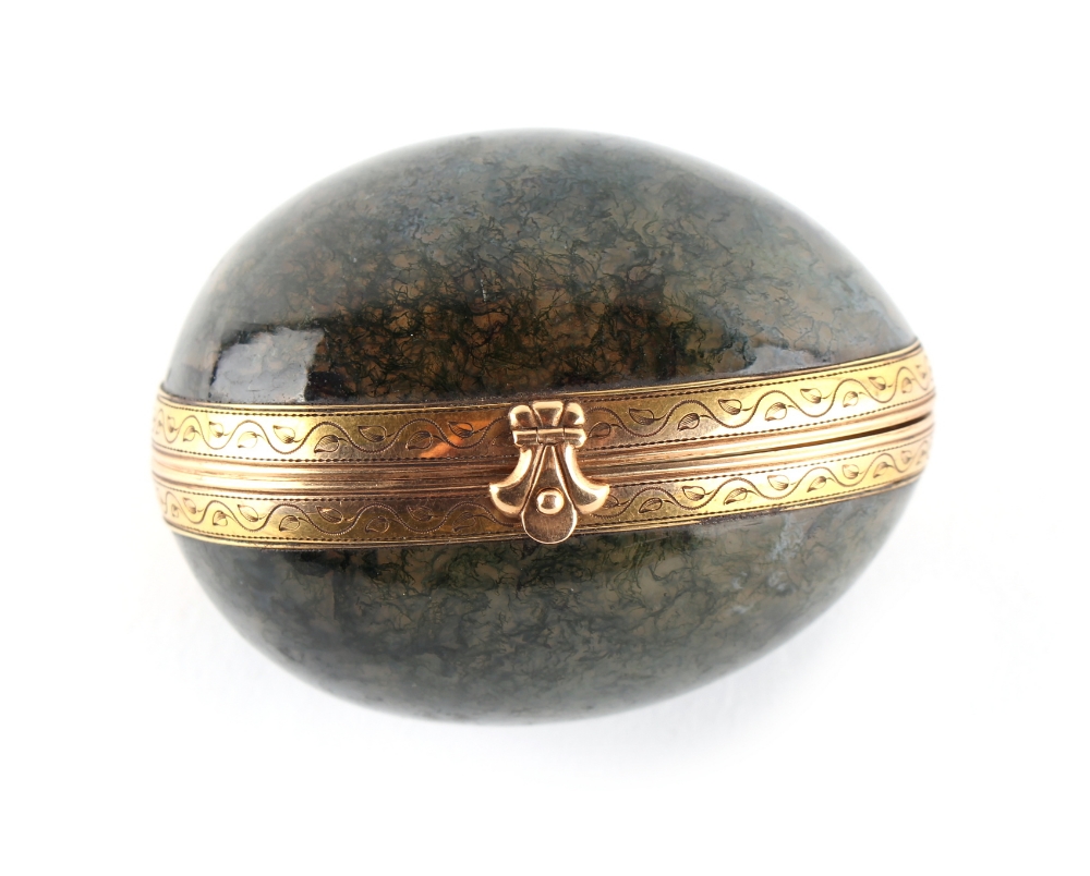 Property of a lady - a Russian gold mounted moss agate egg, probably by Faberge, workmaster's mark