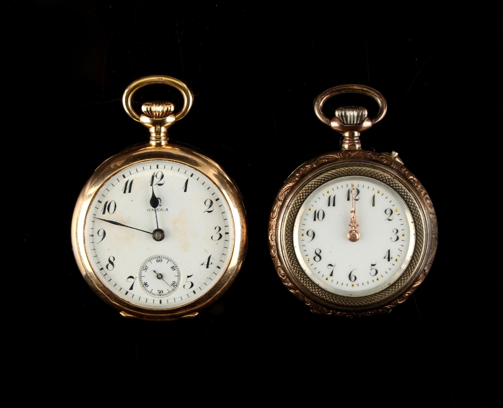 Property of a gentleman - an early 20th century Omega 14ct gold cased fob watch, with engraved