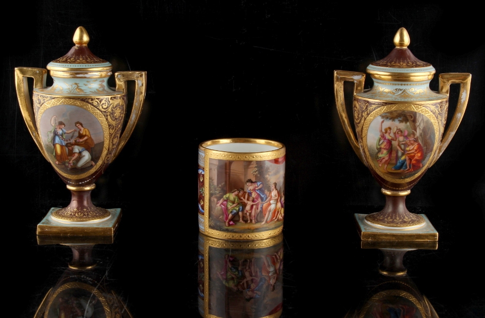 Property of a lady - a small pair of late 19th century Vienna style porcelain vases & covers, each