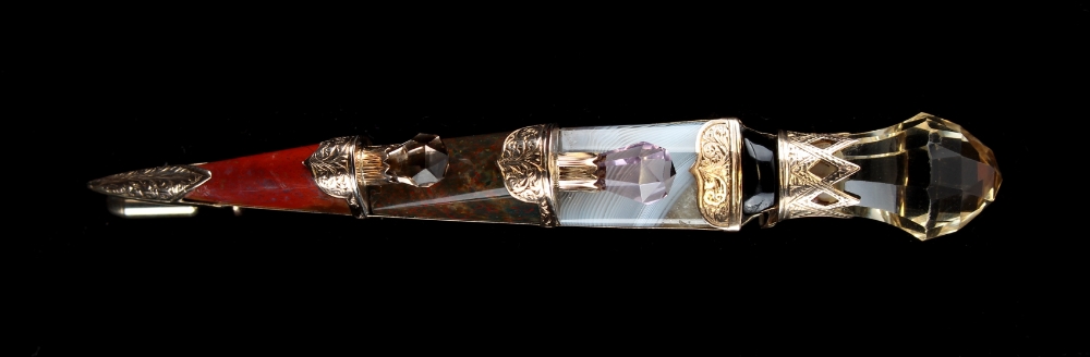 A large Scottish 9ct gold cairngorm, agate & bloodstone brooch modelled as a dirk, with chased