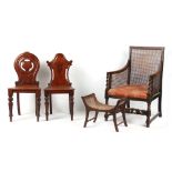 Property of a lady - two Victorian mahogany hall chairs; together with an early 20th century cane