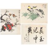 An Oriental calligraphy picture, unframed; together with two paintings on paper depicting birds