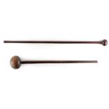 Two Fijian throwing clubs, ula, 31.5ins. (80cms.) and 26.55ins. (67.4cms.) long (2) (see