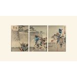 Yoshu Chikanobu (1838-1912) - Warrior, Torii Sune'emon - a triptych, woodblock prints, oban, circa