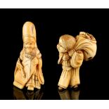 The Gill Collection of Japanese Netsukes - a carved ivory netsuke modelled as Okame carrying a large