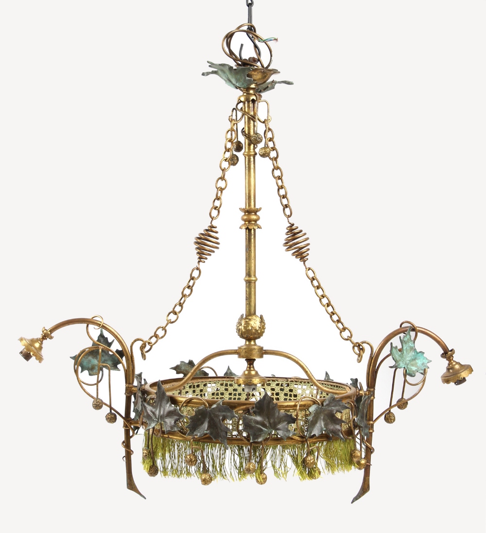 Property of a lady - an early 20th century French gilt metal triple ceiling light, decorated with