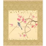 Property of a lady - a Japanese scroll painting on silk depicting a bullfinch in a cherry tree, 20th