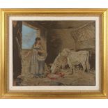 Property of a deceased estate - a silk work picture depicting a maiden & two calves in a stable,