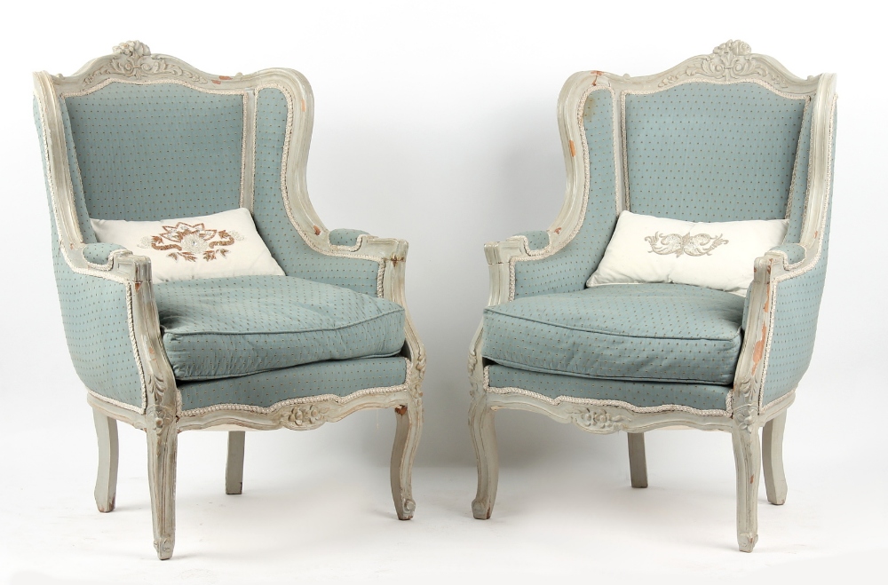 Property of a deceased estate - a pair of Louis XV style grey painted & pale blue upholstered