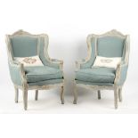 Property of a deceased estate - a pair of Louis XV style grey painted & pale blue upholstered