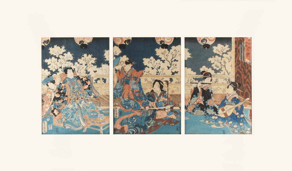 Utagawa Toyokuni III (1786-1865) - Prince Genji playing a musical instrument - a triptych, woodblock