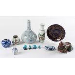 A quantity of Oriental ceramics, including a blue & white bottle vase, damage to rim & neck, 14.