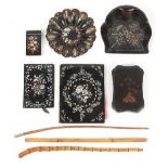Property of a lady - a group of five Victorian mother-of-pearl inlaid & floral painted black