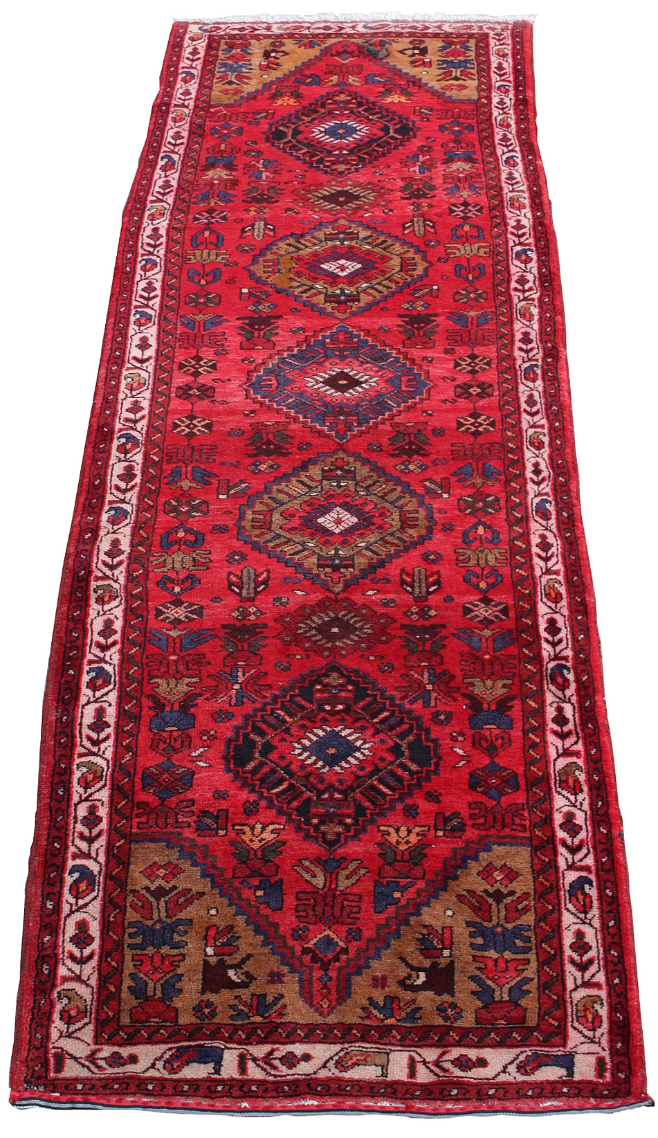 A Hamadan woollen hand-made runner with red ground, 116 by 39ins. (295 by 100cms.) (see