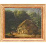 Property of a lady - English school, 19th century - FIGURES BY A COTTAGE IN LANDSCAPE - oil on