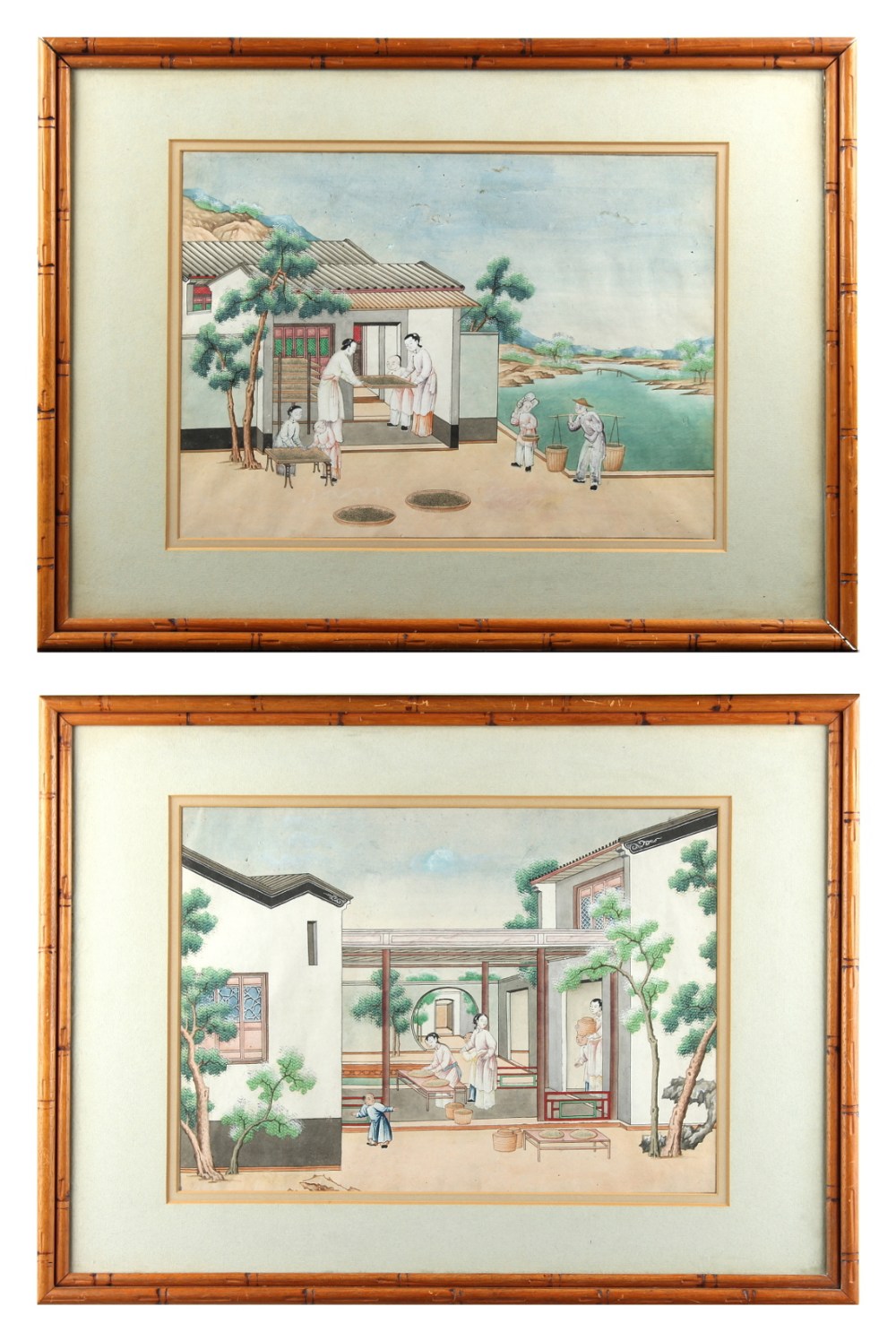 A pair of 19th century Chinese paintings on paper depicting tea production scenes, each painting