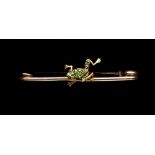 A yellow gold demantoid garnet & ruby frog brooch, the body pave set with demantoids, with