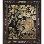 A good 19th century Chinese embroidered silk 'Hundred Birds' panel, with black ground, 16.4 by 13.