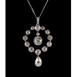 A good diamond pendant on chain necklace, with a pear shaped diamond suspended below a ring of