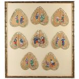 A set of eight 19th century Chinese paintings on leaf, each depicting figures, mounted in a single