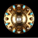 A Victorian yellow gold turquoise pearl & diamond set circular brooch, circa 1870, with centre pearl