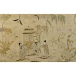 A late 19th / early 20th century Chinese embroidered silk panel depicting three figures in garden