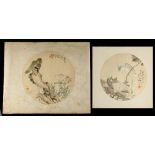 Two 19th century Chinese fan paintings on silk depicting birds among flowering shrubs, with